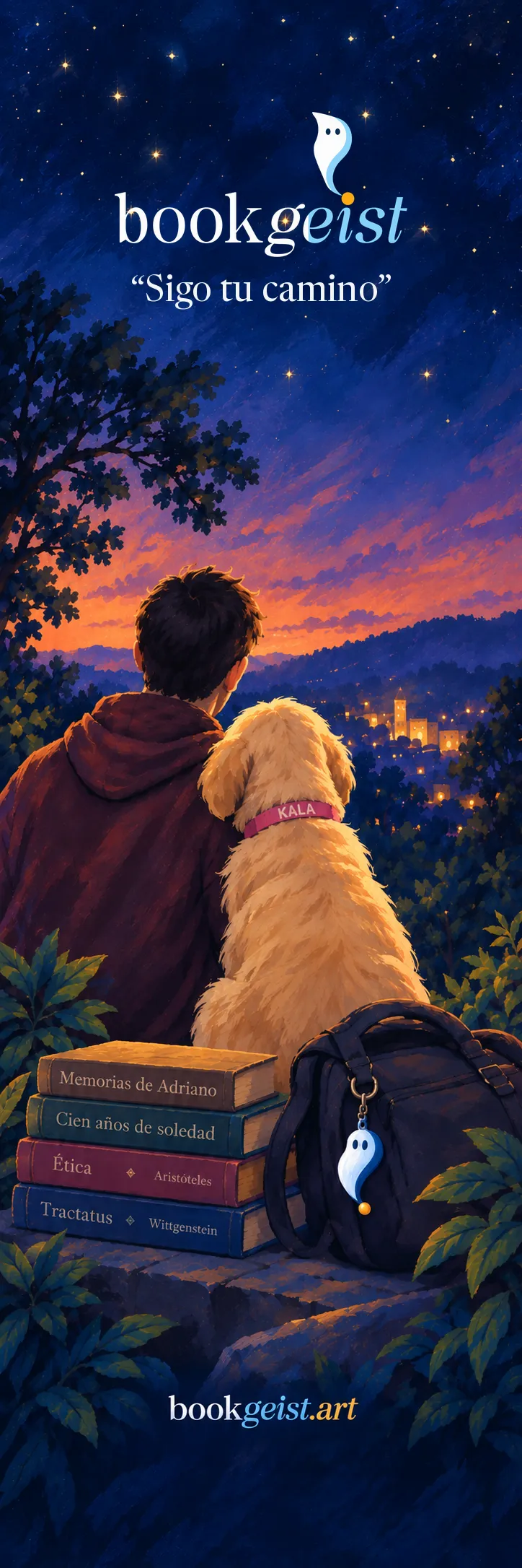 Reverso del marcapáginas: Luka y Kala contemplan el atardecer junto a sus libros.