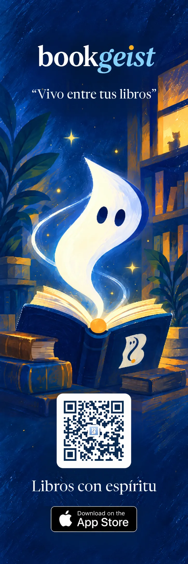 Marcapáginas Bookgeist: un espíritu luminoso sale de un libro en una biblioteca azul, con un código QR.